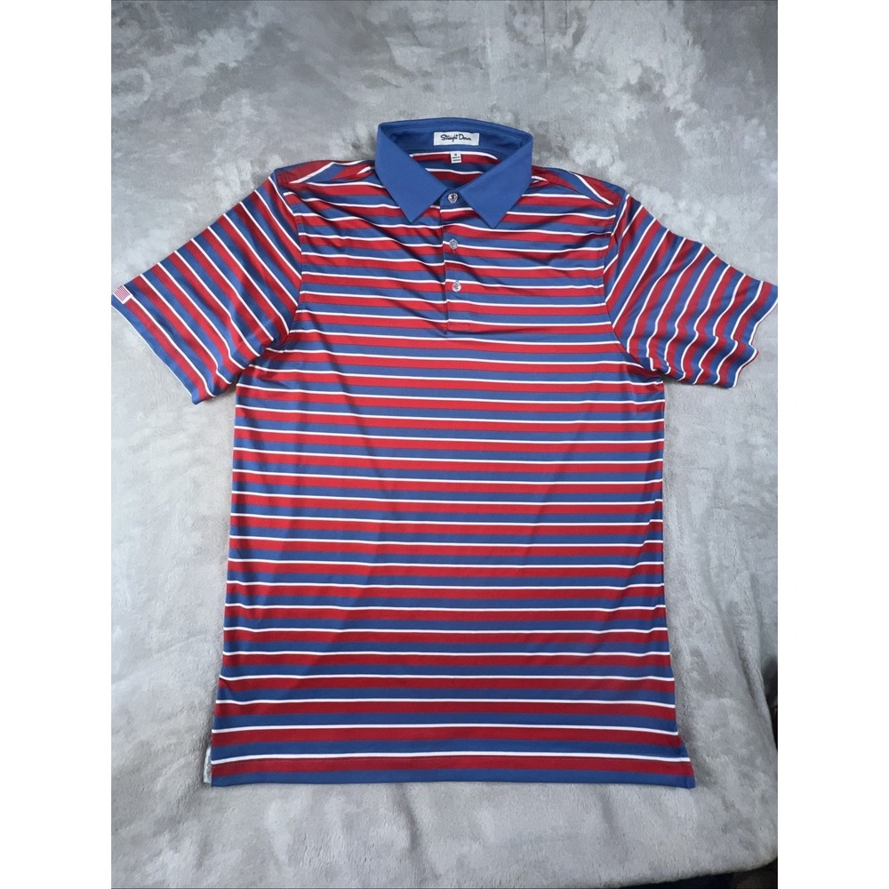 Straight Down Mens Polo Shirt Blue Striped Golf Casual Short Sleeve Medium